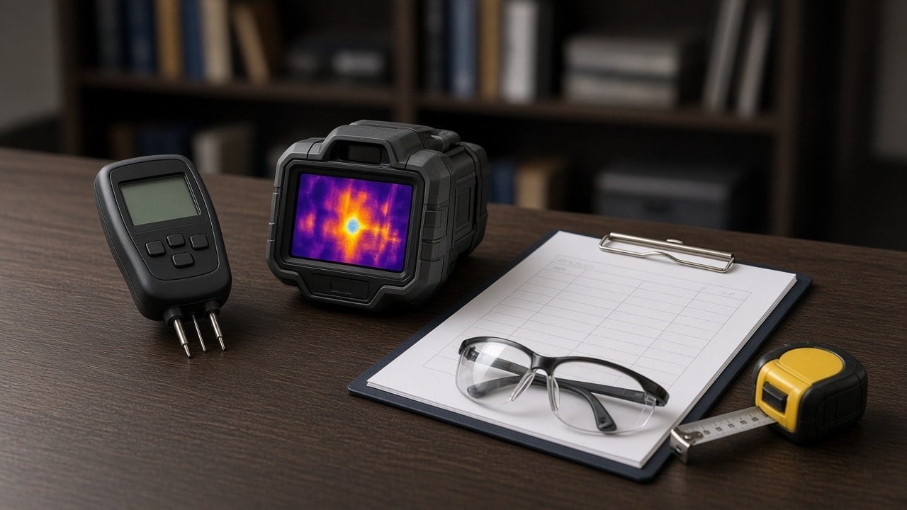 Thermal imaging camera with heat signature display surrounded by measuring and diagnostic tools on wooden desk