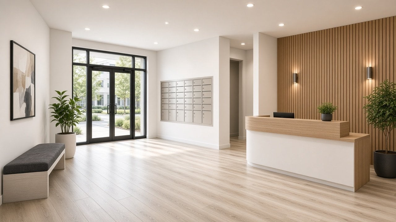 Modern office lobby with wooden reception desk, light wood flooring, black-framed glass doors, mailboxes, and contemporary lighting