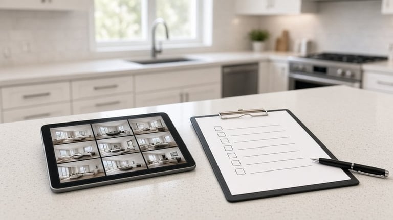Tablet with photo grid and clipboard with checklist on kitchen counter