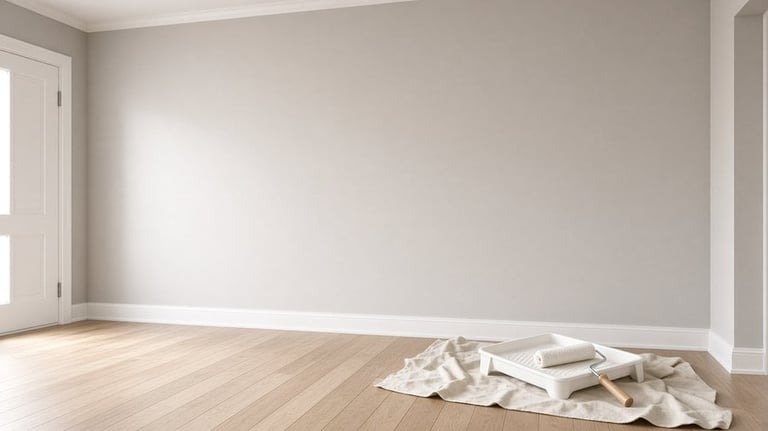 Empty room with light wood flooring, white walls, and a white door, with a pile of white fabric or cloth on the floor