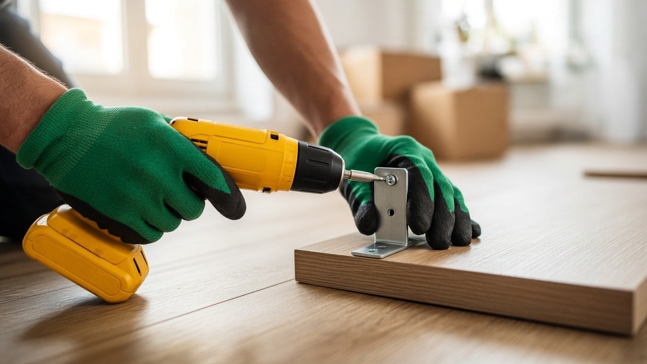 Person wearing green gloves using a yellow power drill on a wooden board during home renovation work