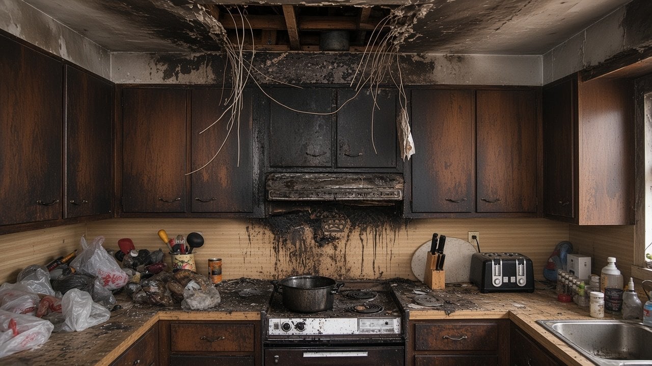 Fire-damaged kitchen with burnt stovetop, charred cabinets, and debris scattered across countertops and floor