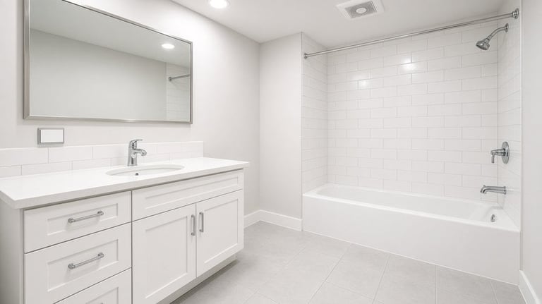 Modern white bathroom with vanity sink, large mirror, white cabinetry, and bathtub with tile surround