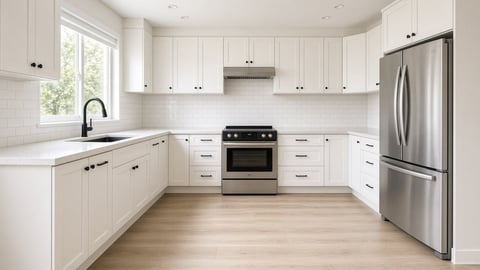 Modern kitchen with white cabinetry, stainless steel appliances, and hardwood flooring
