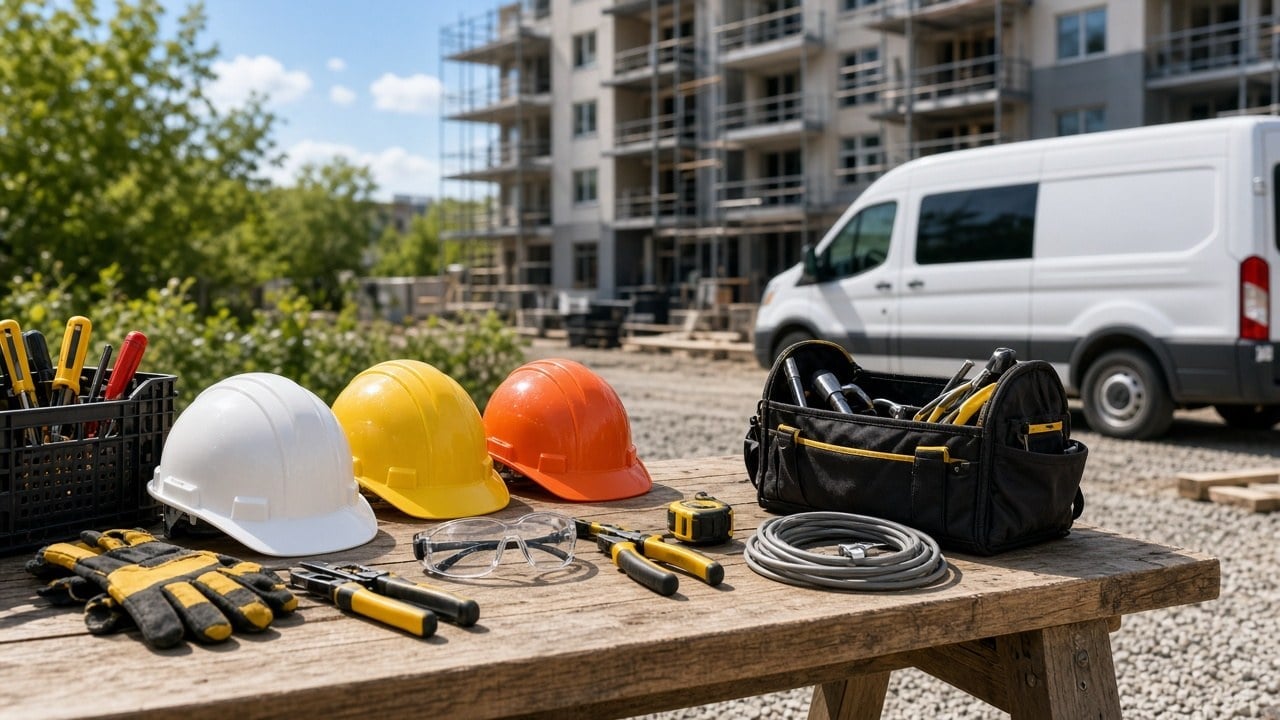 Construction tools and safety equipment on wooden table with hard hats, gloves, and utility van at building site