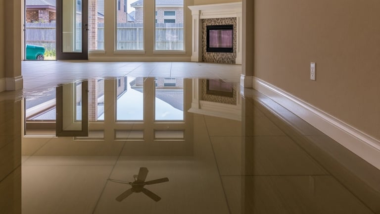 Interior hallway with beige walls, ceiling fan, glass doors, and thermostat on wall