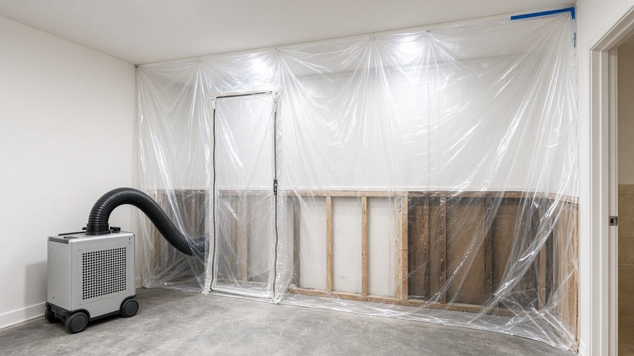 Construction room with plastic sheeting enclosure and portable air dehumidifier equipment