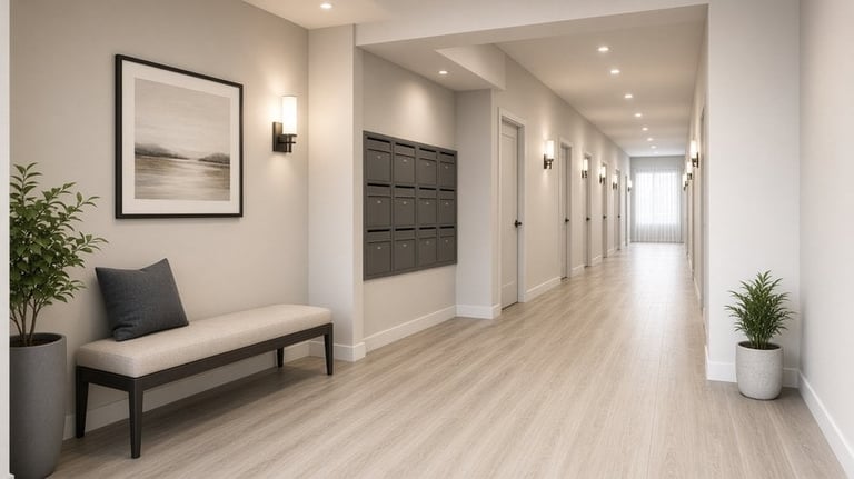 Modern hallway with light wood flooring, white walls, framed artwork, bench seating, potted plants, and recessed lighting