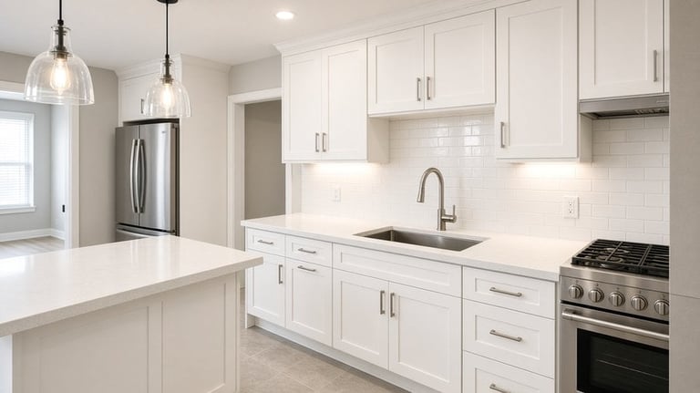 Modern white kitchen with stainless steel appliances, white quartz countertops, pendant lights, and gray tile backsplash