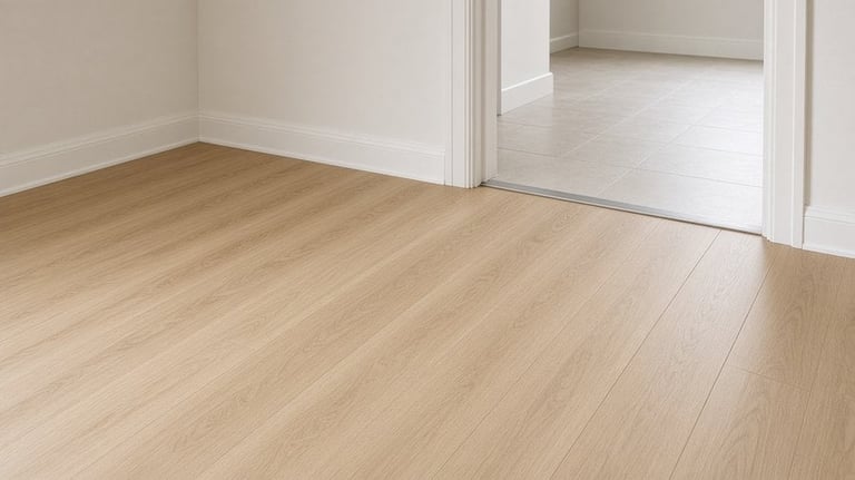 Empty room with light wood flooring, white walls, and open doorway leading to another room