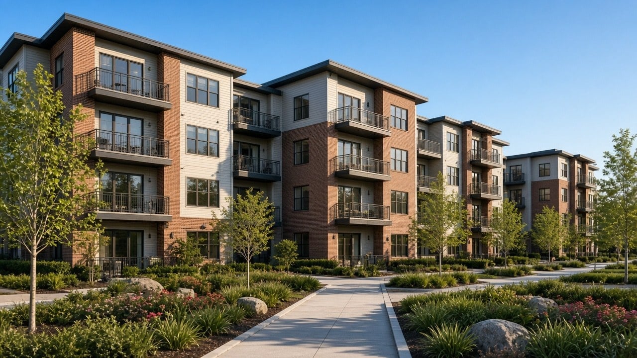 Modern apartment complex with mixed brown and gray brick facade, featuring multiple four-story buildings with balconies and landscaped grounds