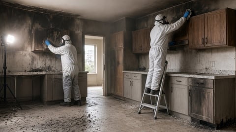 Two workers in protective suits inspect a damaged kitchen with mold and deterioration on walls and surfaces