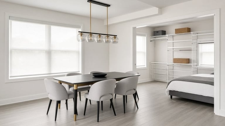 Modern minimalist studio apartment with dining table, four gray chairs, pendant lighting, bed, and built-in white shelving units.