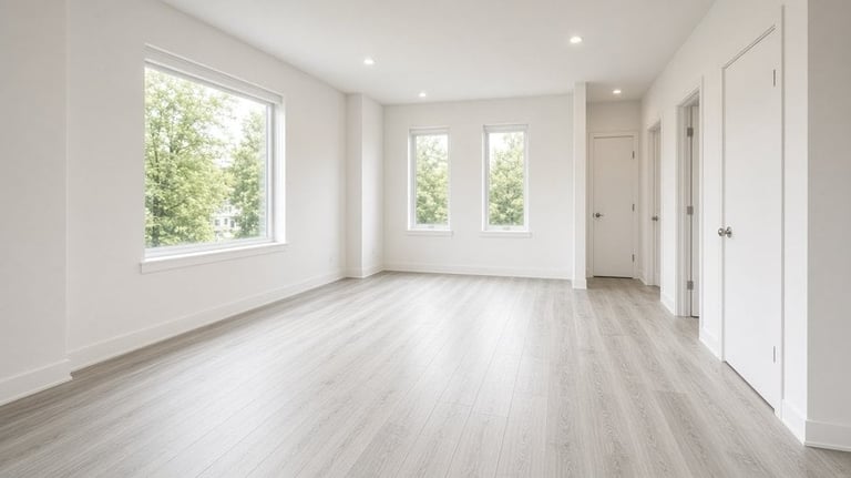 Bright empty room with light wood floors, white walls, large windows, and white doors leading to other areas