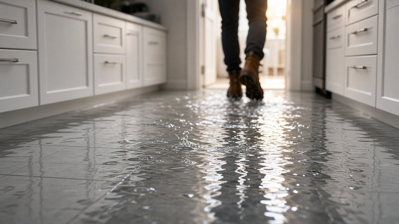 Person walking through flooded kitchen with water covering floor between white cabinets