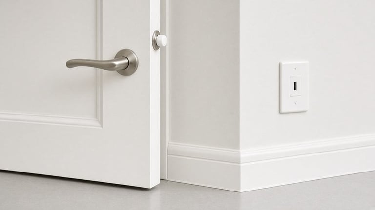 Modern interior corner showing white doors with metal handle, white baseboard trim, and light switch plate on wall